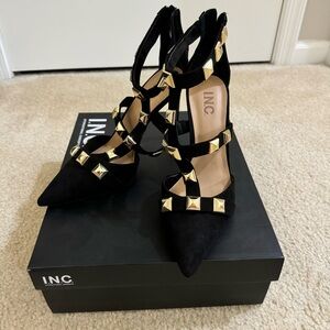 INC Womens Black Studded Strappy Syndia Pointed Toe Stiletto Pumps Shoes Size 9